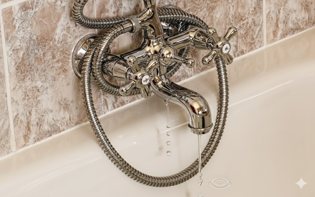 Kapající klasický kohoutek s dvěma ventily na teplou a studenou vodu