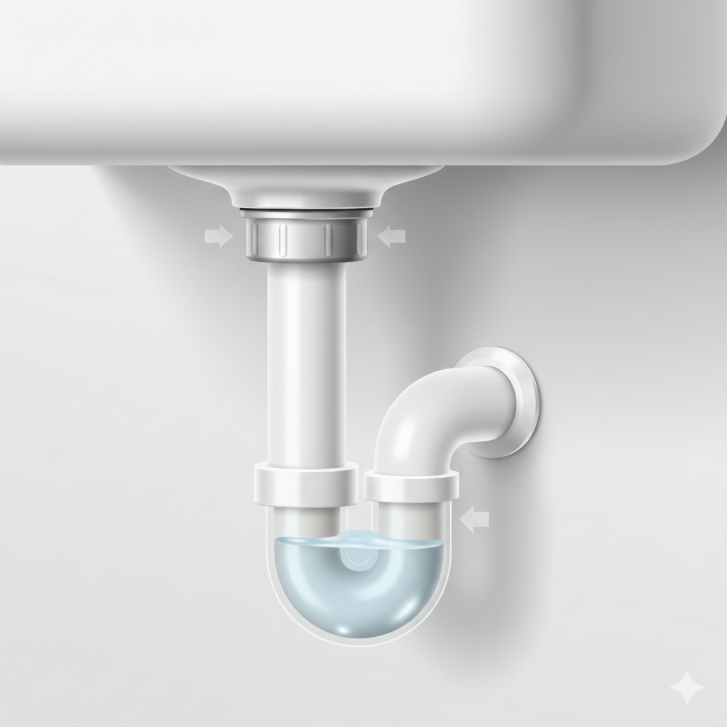 Detail kuchyňského nebo koupelnového sifonu s vodou uvnitř, ilustrující příčinu zápachu z odpadu