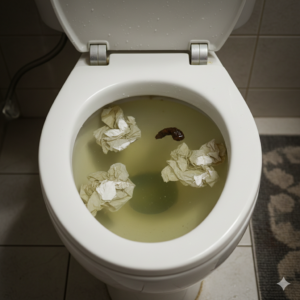 Ucpané WC s vodou stoupající k okraji mísy