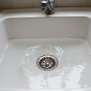 Pomalý odtok vody v umyvadle